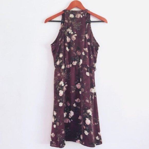 Converse Dress XS Satin Ruffle Floral Print Plum Purple - Picture 5 of 6